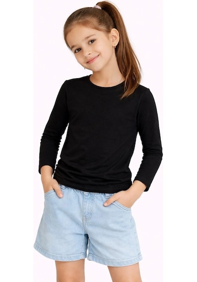 Kız Çocuk Basic Uzun Kollu Tişört Okul Günlük Rahat T-shirt - Siyah