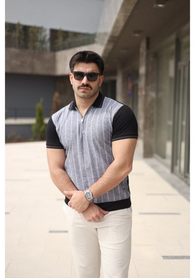 Butik İstanbul Erkek Polo Yaka Fermuar Detaylı Çizgili Tişört Siyah