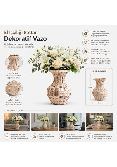 Fabrikam06 Rattan Elyapımı Dekoratif Vazo ,elyapımı Sepet Vazo V0001 Açık Bej