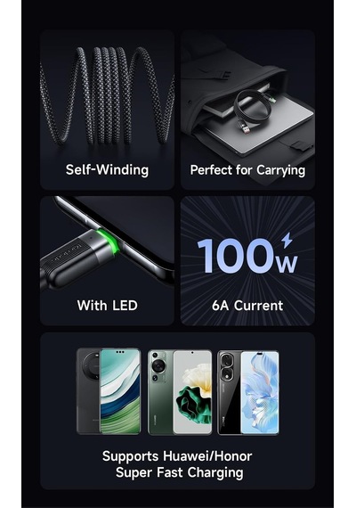 Ca-5650 1.2m Usb-a To Usb-c 6a Siyah Sarilabilir Manyetik Kablo