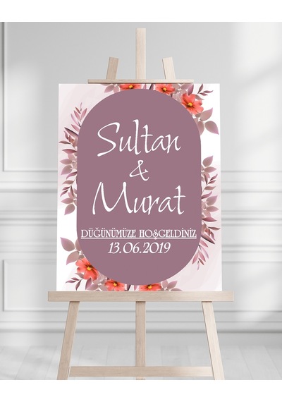 Söz Nişan Düğün İçin 50x70 Karşılama Panosu - Mor Çiçek Desenli 003 Beyaz