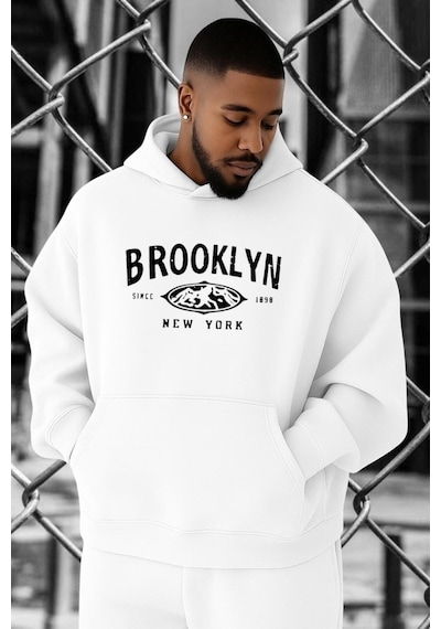Benroma 3 İplik Penye Brooklyn Baskılı Büyük Beden Sweatshırt Beyaz