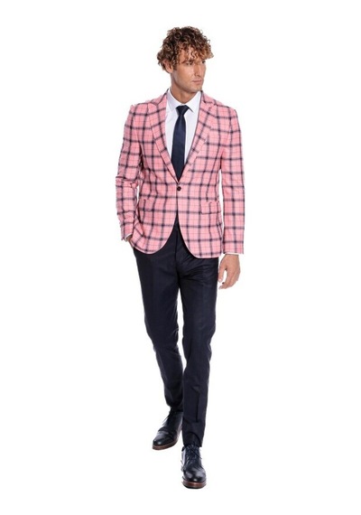 Wessi Ekose Desenli Slim Fit Pembe Erkek Ceket 001