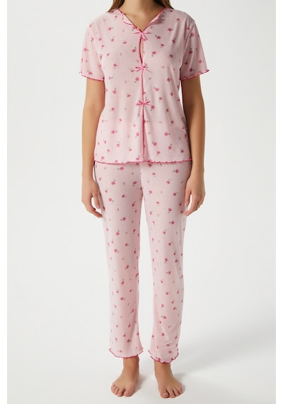 Ritnice Kadın Juliet Kurdeleli Yumuşak Doku Pembe Çiçekli Pijama Takımı
