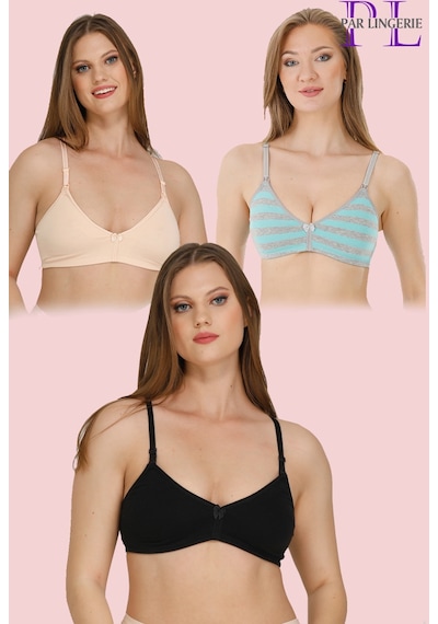 Parlingerie 3lü Hamile Emzirme Sütyeni Kapsız Siyah-ten-mint Çizgili Siyah - Ten Rengi - Mint