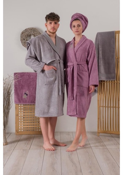 Cotton Box Bambu 3D Nakışlı Aile Bornoz Seti Violet Mürdüm-Gri