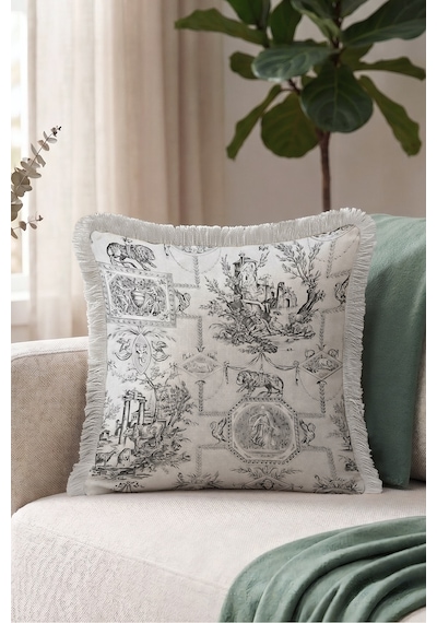 Vintage Toile De Jouy Saçaklı Yastık Kılıfı - Klasik Pastoral Gri Krem Vizon Püsküllü Kırlent Kılıfı Kahverengi