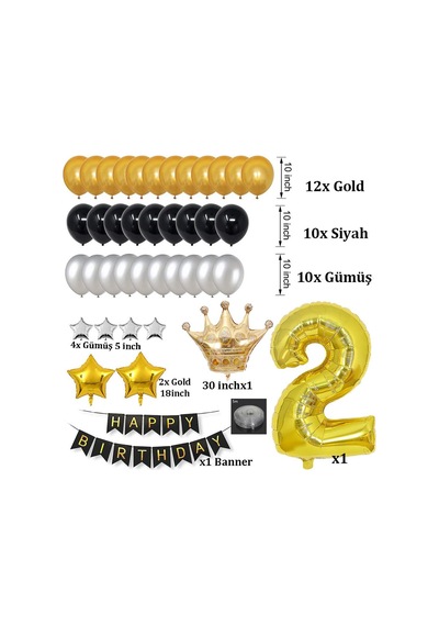 Büyük Boy Kral Taçlı Gold-Gümüş-Siyah 2 Yaş Doğum Günü Seti
