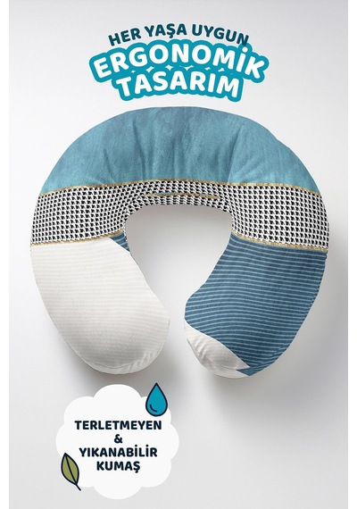 Modern Geometrik Pamuklu Boyun Yastığı - Şık Çizgili Mavi Gri Seyahat Yastığı Koyu Grili Sütlü Kahve