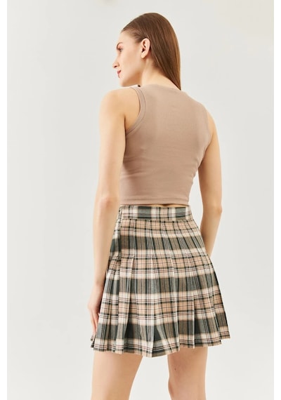 Butikgiz Kadın Sıfır Kol Bisiklet Yaka Vücuda Oturan %100 Pamuklu Kaşkorse Esnek Crop Bluz SÜTLÜ KAHVE