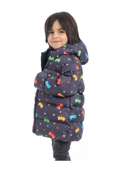 Erkek Çocuk Polarlı Kapüşonlu Araba Yıldız Ay Desenli Kışlık Şişme Mont & Kaban-31 Lacivert