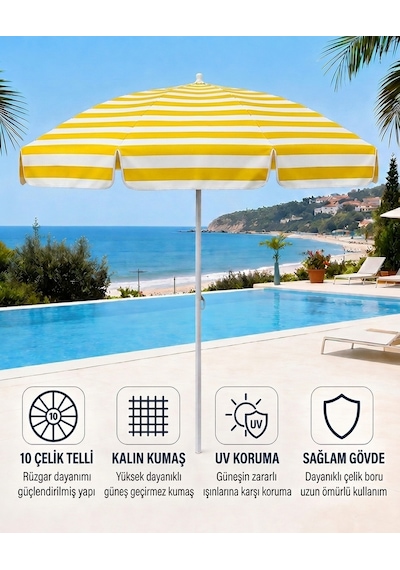 Plaj Şemsiyesi Balkon Bahçe Güneş Şemsiyesi 200cm 10 Telli Uv Korumalı Sarı