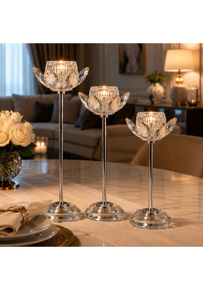 Kristal Lotus Şamdan 3'lü Gümüş Dekoratif Cam Mumluk