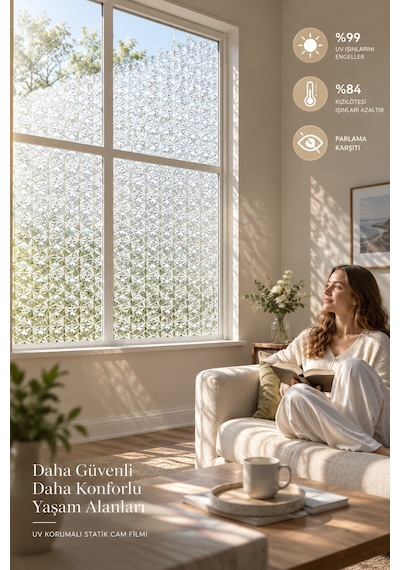 Deconitte Statik Cam Filmi 60x100cm 3d Diamond Elmas Desen Yapışkansız Dekoratif Pencere Kaplama Filmi, Kumlama