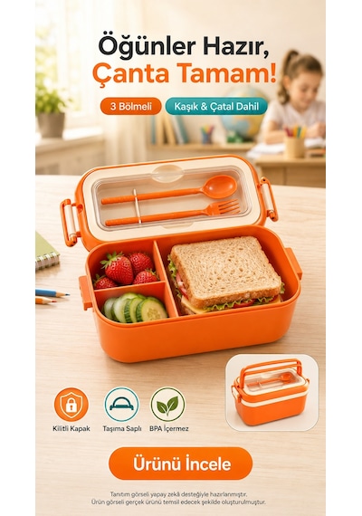 Turuncu 3 Bölmeli Çocuk Beslenme Kutusu Kaşık Çatal Dahil Kilitli Kapaklı Taşıma Saplı Lunch Box Diğer