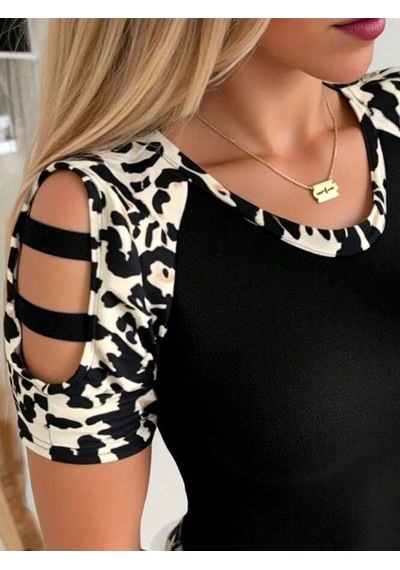 Veraura Lifestyle Kadın Kısa Kollu Yuvarlak Yaka Kollarda Şerit Detaylı Leoparlı Viskon Bluz siyah