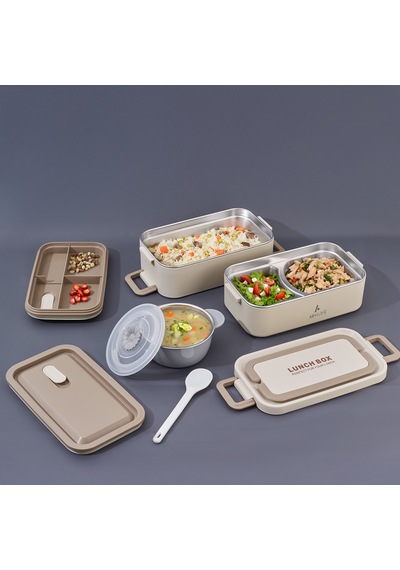 Aryıldız Bento Lunch Box Beige 2000 Ml Ve Sosluk Bej