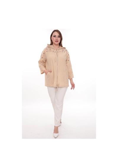 Lady Majestic Büyük Beden %100 Cotton Kapüşonlu Hırka Rahat Ve Şık Tasarım - 44462 Bej