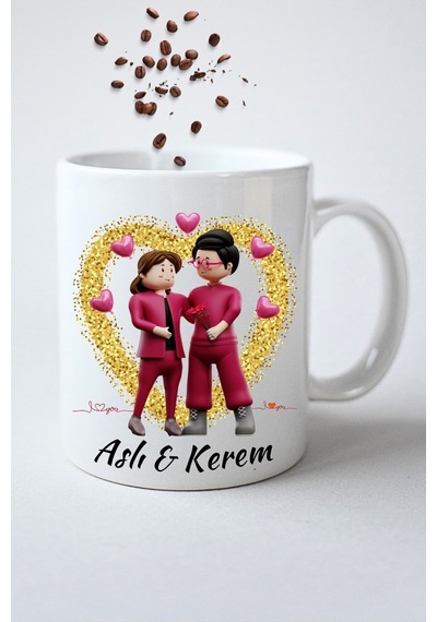 İsimli Kişiye Özel Love You Baskılı Hediye Kupa Bardak Porselen Çay Kahve Fincanı Beyaz