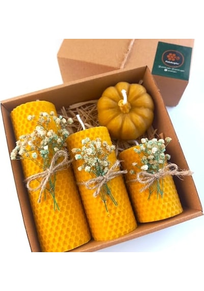 Balmumu Mum Dekoratif Hediye Kutusu 4 Lü Set Doğal Petek Beeswax Candle Bal Kabağı Krem Yeşil Çiçekli Diğer