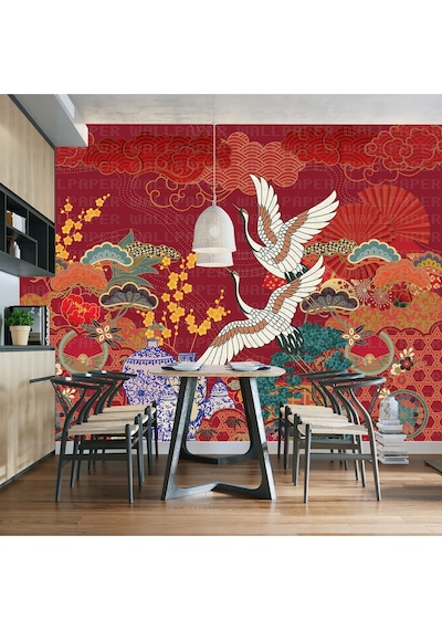 Japon Stili İllüstrasyon Leylek Poster Duvar Kağıdı Renkli