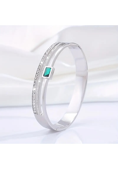 Zümrüt Crystal Zirkon İşleme Kelepçe Bileklik Gümüş