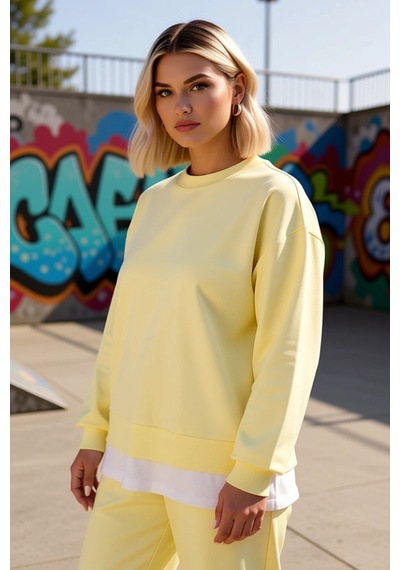 Benerly Kadın Bisiklet Yaka Düşük Kol Oversize İnce Örme Sweatshirt Fonks Sarı