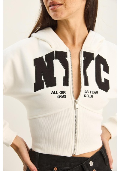 Shade Kadın Nyc Nakışlı Üç İplik Şardonlu Kapüşonlu Crop Hırka 6942 60283794 - Beyaz