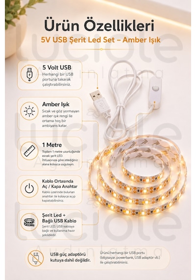 1 Metre 5v Usb Amber Şerit Led Aç Kapa Anahtarlı Mutfak Tv Arkası Masa Kamp Dekoratif Işık