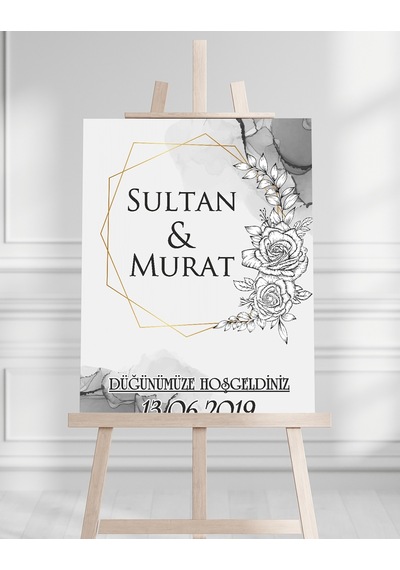 Söz Nişan Düğün İçin 50x70 Karşılama Panosu - Gri Çiçek Desenli 005 Beyaz