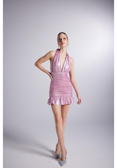 Holly Lolly Parlak Kumaşlı Büzgülü Mini Starry Elbise Pembe