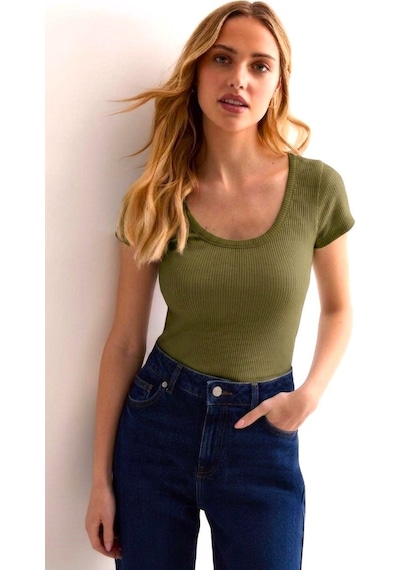 Rooted Kadın Kare Yaka T-shirt & Bluz , Likralı Fitilli Kaşkorse Kumaş Zeytin