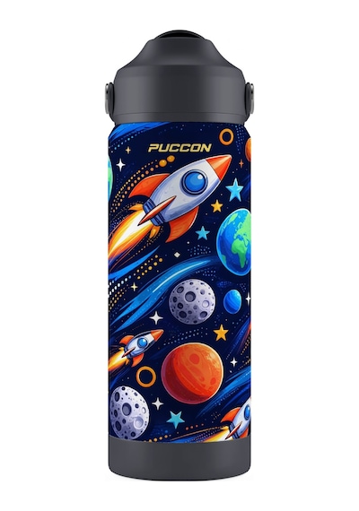 Puccon 540 Ml Uzay Ve Roket Baskılı Siyah - Lacivert Erkek Çocuk Pipetli Çelik Termos Matara/suluk - 60053