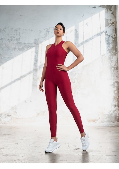 Lismina Sunset Halter Yaka Yakası Fermuarlı Spor Tayt Tulum Bordo