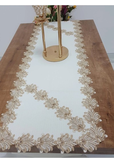 Jadelin Gold Güpürlü Keten Kumaş Runner Krem 48x145 Cm 1141 Krem
