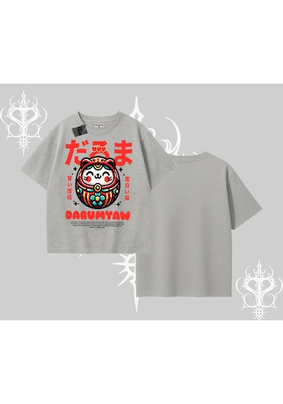 Tarzsokak Oversize Tshirt Daruma Kedi Anime Baskılı Gri