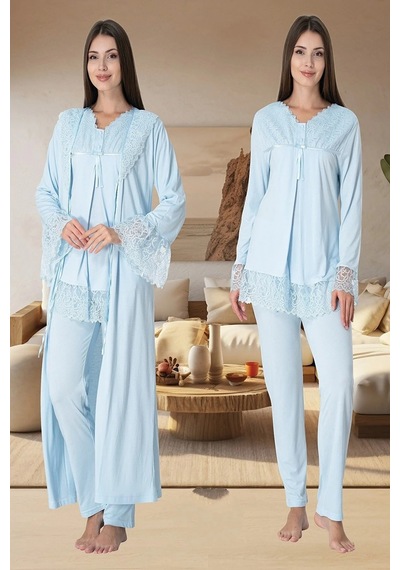 Effortt Dvina Lohusa Hamile Dantel Detaylı Sabahlıklı Ve Uzun Kollu Pijama Takımı -3'lü Set - Mavi Mavi