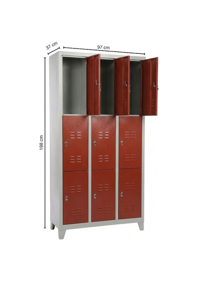 9 Gözlü Ekonomik Soyunma Dolabı Kırmızı 97x37x198