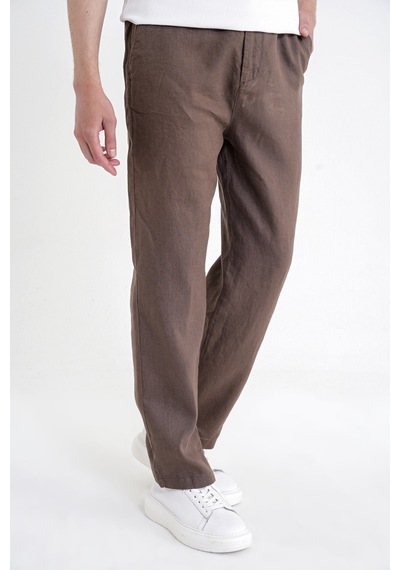 Oversize Kalıp Yan Cep Beli Lastikli Vizon Keten Pantolon P 1216