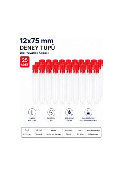 12x75 Mm Deney Tüpü Dibi Yuvarlak Kapaklı 25 Adet