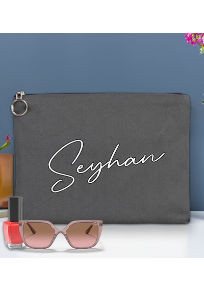 Bk Gift Kişiye Özel İsimli-6 Astarlı Antrasit Portföy Çanta 30x21cm, Baskılı El Çantası, Organizer Çanta