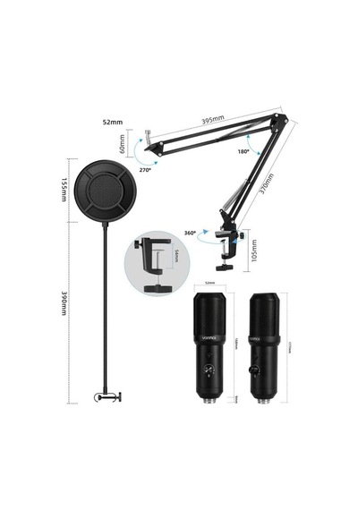 Usb Condenser Masaüstü Mikrofon Seti Kardioid Yönlü, 16bit/48khz Profesyonel Kayıt, Led Kontrollü, Shock Mount