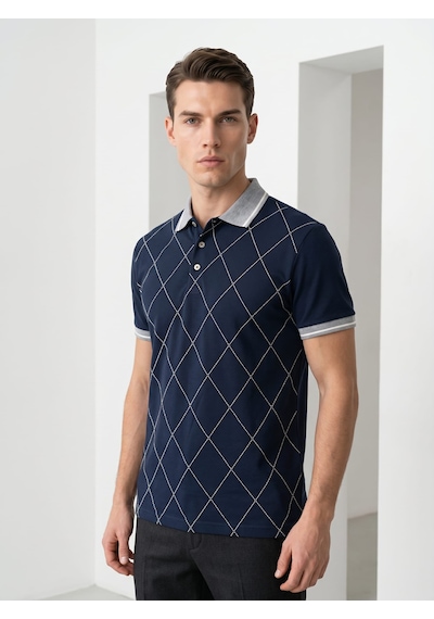 Giyim Dünyası Erkek Baklava Desenli Polo Yaka Tshirt Lacivert