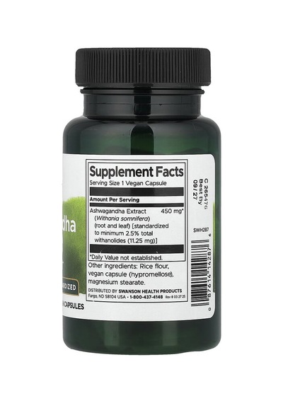 Swanson Vitamins, As-hw-aga-ndha Extract, Standardized, 450 Mg, 60 Vegan Capsules