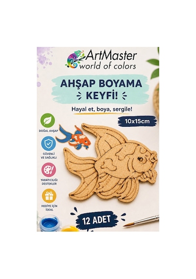 Ahşap Boyama Balık 12 Adet 10x15cm Boyama Deniz Figürü Etkinlik Çoçuk Gelişim Motor Beceri Kreş Anasınıfı