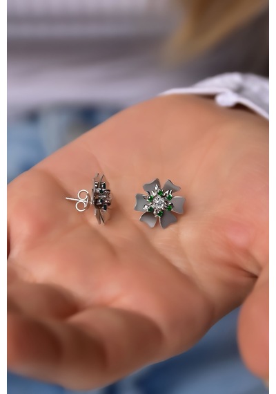 Papatya Silver 925 Ayar Gümüş Rodyum Kaplama Mayıs Ayı Doğum Taşı Tohumlu Linum Çiçeği Küpe