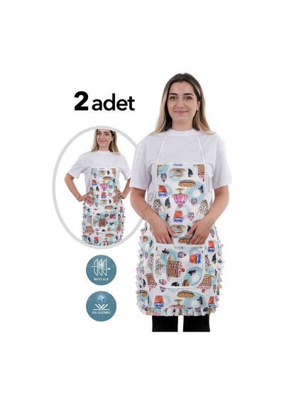 Jarse Frilly İkili Paket Sıvı Geçirmez Su Geçirmez Mutfak Önlüğü Çilekli Pasta