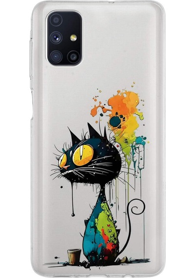 Samsung Galaxy M51 İle Uyumlu Splash Kedi Tasarımlı Şeffaf Silikon Kılıf Şeffaf