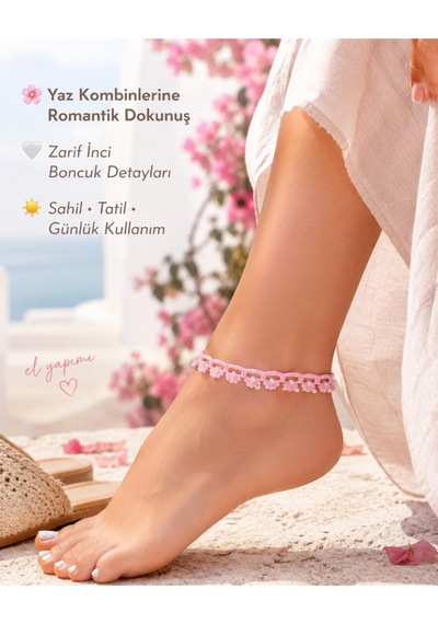 Boncuklu Halhal El Örgüsü Ayarlanabilir Bohem Yazlık Ayak Bileği Takısı Pembe