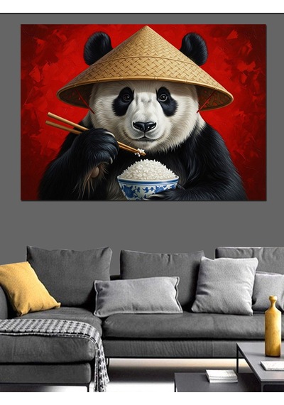 Pilav Yiyen Şapkalı Panda Portresi Dekoratif Kanvas - Mdf Ahşap Tablo